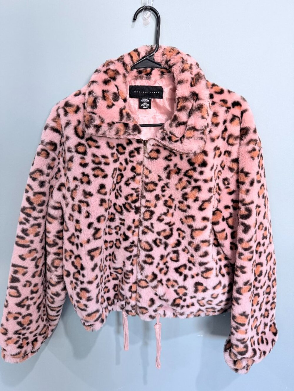 Know One Cares M Pink Leopard Faux Fur Cropped Jacket Y2K